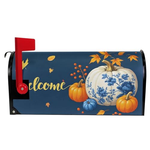 Image of Wamika Welcome Fall Blue Magnetic Mailbox Covers Porcelain Pumpkin Maple Leaves Mailbox Cover Over Size Full Magnet Garden Yard Porch Mail Boxes Cover Holiday Decorations 25 inch L x 21 inch W