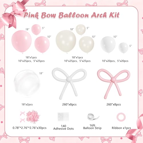 Image of Pink Bow Balloons Arch Garland Kit,JOGAMS 199Pcs Pink and White Balloon Arch Kit with 260 Clear Pearl Balloons Ribbon Bow for Bow Coquette Birthday Decorations Bachelor Baby Shower Bridal Shower