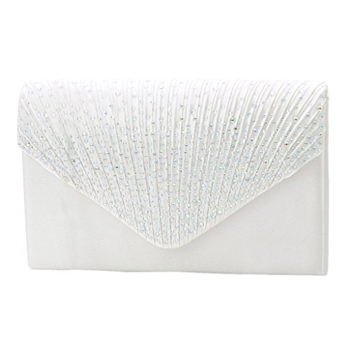 Hangqiao - Borsa a mano in raso per matrimonio, serata, a tracolla, con strass, colore: Bianco