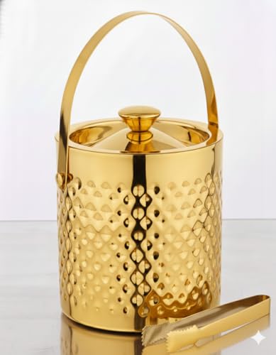 Image of finality Premium Stainless Steel Ice Bucket with Tongs and Jigger - 1 Litre Double Walled Insulated Ice Box for Bar, Home & Parties (Gold Hammered IB + Tong)