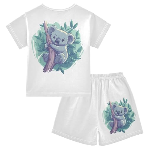Koala Branch Leaves Teal Pajama Set Short Sleeve Summer Pajamas Sleepwear Nightwear Set Cotton 5Y2