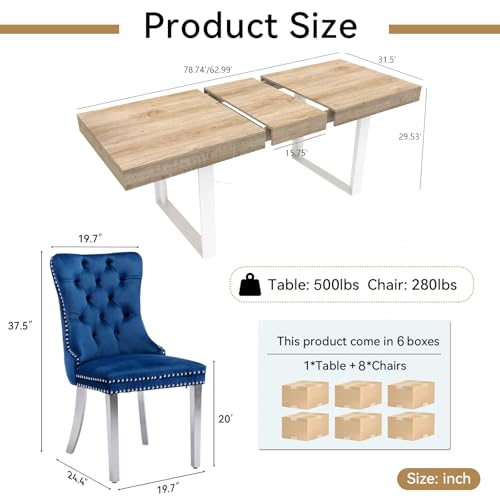 Image of Oak Dining Room Table Set for 8, 9-Piece 63 inch-78.74 inch Extendable Dining Table Set with 8 Upholstered Chairs, Rectangle Wooden Expanding Kitchen Table and Blue Chairs Set