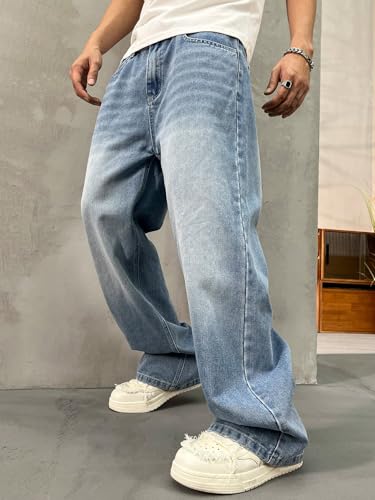 Image of Lymio Jeans for Men | Loose Fit Baggy Denim Pants | Mens Stylish Light Blue Wide Leg Vintage Washed Trousers | Casual Button Front Classic Pocket Styling Comfortable Streetwear Pant (LU-76-77)