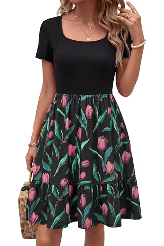 Image of Newshows Women's 2026 Summer Casual Square Neck Ruffle A Line Beach Vacation Sundress Work Business Dress with Pockets
