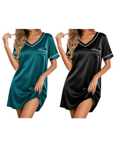 Ekouaer Sleep Shirts for Women Short Sleeve Soft Silk Night Shirts 2 Pack - image 1