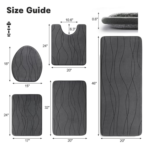 Image of YIHOUSE Bathroom Rugs Set 5 Piece, Memory Foam Bath Mat Dark Grey | Ultra Soft, Absorbent, Non-Slip, Machine Washable, for Bathroom, Sink and Toilet