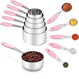 Joyhill Stainless Steel Measuring Cups and Spoons Set of 10 Piece, Nesting Metal Measuring Cups Set with Soft Touch Silicone Handles for Dry and Liquid Ingredients, Cooking & Baking (Pink)