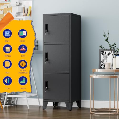 Image of PAOFIN Metal Narrow Storage Lock Cabinet | 47 inch Filing Cabinets with 3 Locker Drawers for Home Office, Bathroom, Living Room, Dinning Room (Black)
