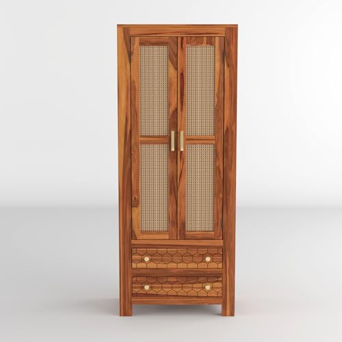 Image of PS DECOR Solid Sheesham Wood Book Shelf Cabinet with Cane Rattan Doors & 2 Drawers | Modern Wooden Bookshelf Storage Unit for Home Library, Living Room & Office (Honey Finish)