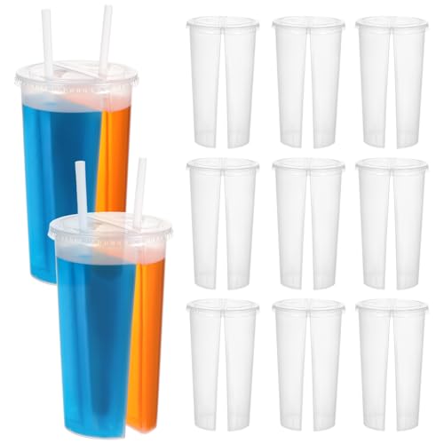 FAVOMOTO 20PCS Split Cup Clear Double Grid Disposable Smoothie Tumblers Plastic Heart Shaped Couple Sharing Drinking Cup Hot and Cold Drink Mug for Milk Tea Juice