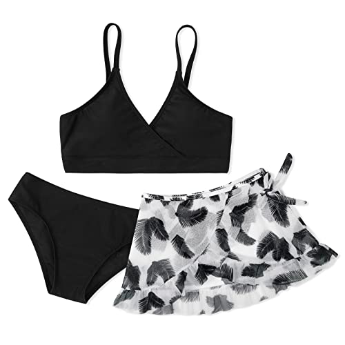 Girls 3 Piece Swimsuits Bathing Suit Cute Ruffle Floral Print Bikini Set with Skirt Kids Swimwear Size 9-14 Years