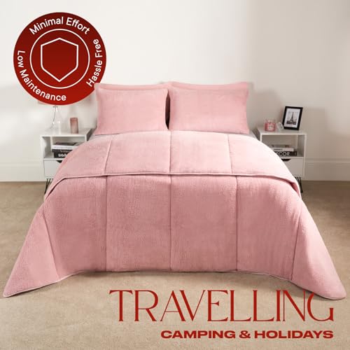 OHS Teddy Fleece Coverless Duvet Double 10.5 Tog, Double Duvet Set with Pillowcases Winter Bedding Quilt Covers Warm Fluffy Coverless Duvets, Blush Pink - Image 3