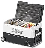 TABU 38QT(35L) Portable Car Refrigerator, 12V Dual Zone Freezer& Cooler with 12/24V DC&110/240V AC,-4℉~68℉,Car Fridge with Basket & Wheels,Low Noise, for Camping, Travel, RV (Black)