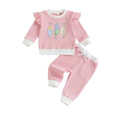 Toddler Baby Girl Fall Clothes Fish Embroidery Long Sleeve Striped Top and Pants Set 2Pcs Fishing Outfits