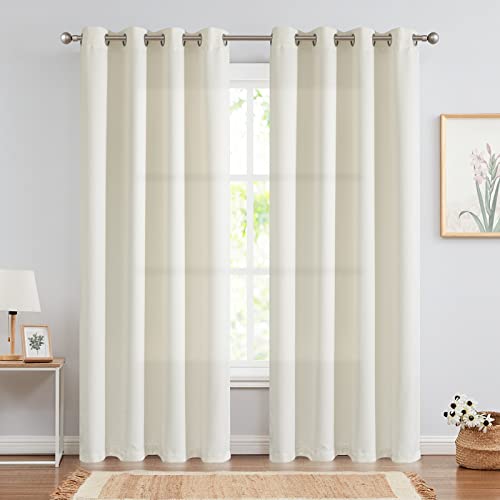 Jinchan Curtains For Living Room Embossed Textured Window Curtain 84 Inches Long Elegant Faux Silk Drape For Bedroom Solid Modern Light Filtering Grommet Top Curtain 2 Panels Cream #TOP1