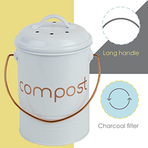 Home Basics Grove Compact Countertop Compost Bin Bucket For Kitchen Food Scraps With Lid Durable Steel And Easy To Use Handle, White #TOP2