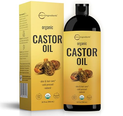 Micro Ingredients Cold-Pressed Organic Castor Oil 32 fl oz | 100% Pure Unrefined & Hexane-Free | Premium Grade Organic Carrier Oil for Hair, Skin, Eyelashes & Face | USDA Certified, Non-GMO