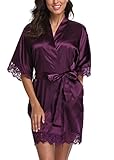 Short Satin Kimono Robes Women Pure Color Bridemaids Bath Robe with Lace Trim Deep Purple