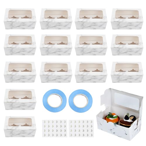 14Stks Weiße Karton Cupcake Transportbox, Stabile Konstruktion 2 Löchern Cupcake Boxen, Bäckerei Boxen mit Sichtfenster und Verstellbarem Einsatz 24 Aufklebern 2 Bandrollen für Gebäck Kekse Dessert