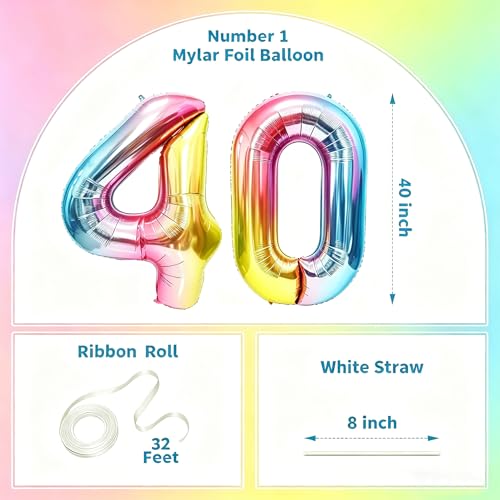 Image of Rainbow Number Balloons Birthday Balloons - Giant Number 40 Balloon 40 inch, Numbers Balloon Birthday Decorations, Rainbow Party Supplies for Baby Shower