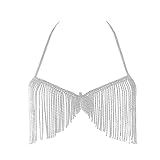 Cuier Tassel Rhinestone Chest Chain Bra Body Jewelry for Women Sexy Silver Bikini Bra Body Chains Underwear Party