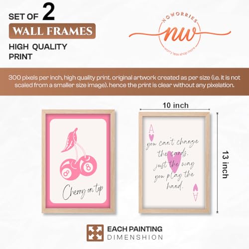 Image of NoWorries Pink Playing Cards Wall Painting Set | Cherry on Top and Ace Quote Art Prints | Aesthetic Card Theme Wall Decor | Premium 300 GSM Paper Print with Synthetic Wooden Frame | Modern Decor for Bedroom & Living Room (Set of 2) (NATURAL, ART-4, 10X13INCHES)