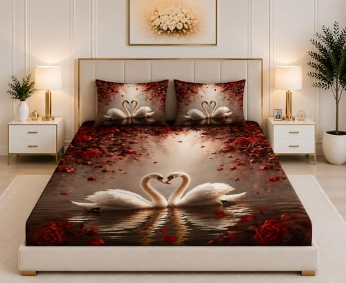 Image of 7D Digital Printed King Size Bedsheet | 240TC Premium Cotton Feel Microfiber with 2 Pillow Covers | Soft Breathable & Wrinkle Free Bedding Set | (RedDuck, King Size-90x100 Inch)