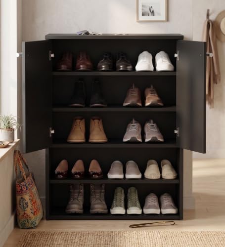 Image of Spyder Craft Engineering Wood Shoe Cabinet for Home, Double Door Shoe Rack with Multiple Shelves, Space Saving Shoe Organizer for Entryway, Living Room & Bedroom, Black, DIY Assembly