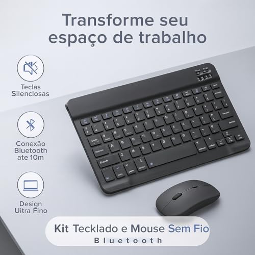 Combo Teclado e Mouse Bluetooth Ultrafino Sem Fio, Portátil e Recarregável E Teclado sem Fio - Compatível com Tablets Android