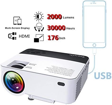 Mini Projector, New Smart Phone Mirroring Function by USB Cable, 30% Lumens Brighter 2000 Lumens Home Theater HDMI USB VGA AV TF (T5)
