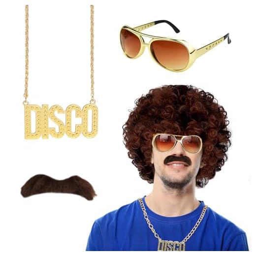 Conjunto de Disfraces de Hippies, Peluca Hombre Afro Hippie Disco Castaño Collar Dólar Gafas Bigote Disfraz Hippie 60 ' 70 ' 80 Tema Fiesta Disco