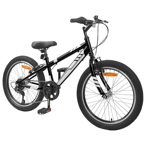 GeenYuu Bicicleta de montaña de 24 pulgadas negra con 6 marchas, marco de acero, manillar y asiento ajustables, adecuado para 8 – 12 años, ideal para la ciudad, el terreno y el ocio