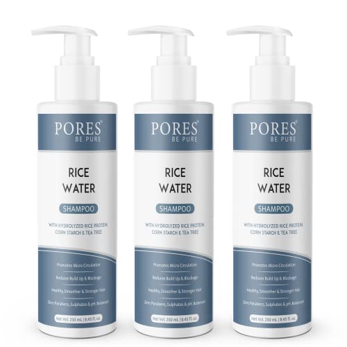 Image of PORES Be Pure Rice Water Shampoo with Hydrolyzed Rice Protein, Corn Starch & Tea Tree Oil | Sulphate-Free Hair Growth Shampoo for Strong, Smooth & Healthy Hair | For Men, Women & All Hair Types - ( 250 ml X 3 )