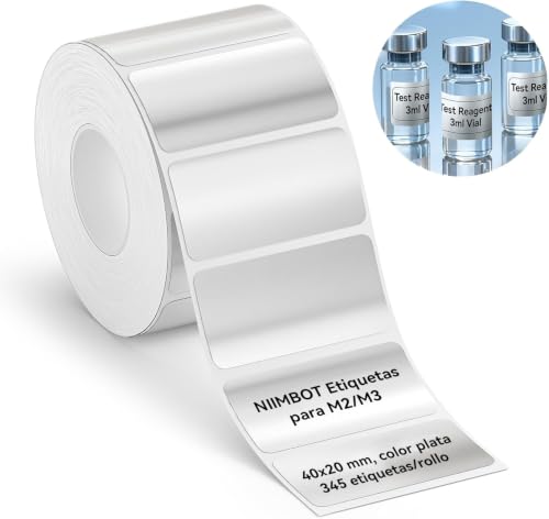 NIIMBOT M2/M3 Etiquetas de transferencia térmica de 40×20 mm,345 cintas/rollo, para etiquetadoras M2/M3,larga duración de almacenamiento,para etiquetado de cosméticos y vitaminas Plata Mate