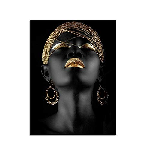 ZSLMX Art Mural Africain Afro-AméRicain sur Toile - Femme Noire Peinture Mannequin avec des LèVres Sexy DoréEs Maquillage sur Visage Ouvrages d'art pour DéCor Salle Bain Chambre à Coucher,50x70cm