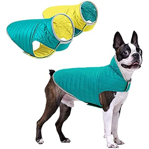 Queenmore Cold Weather Dog Vest, Adjustable Lightweighted Reflective Reversible Waterprooof Winter Pet Jacket with Leash Hole for Small Medium Large Dogs, Blue/Yellow Small Cover