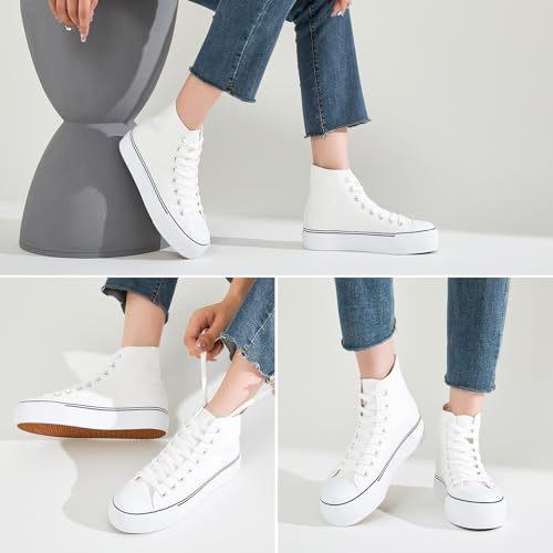 FRACORA Womens High Top Canvas Shoes White Black Platform Sneakers Lace Up Shoes for Women4