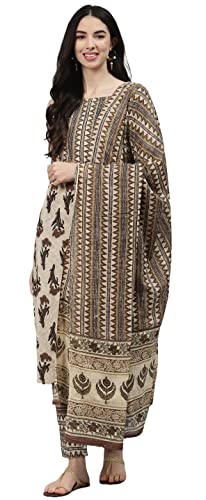 Image of Arayna Women's Cotton Printed Straight Kurta with Palazzo Pants & Dupatta Set