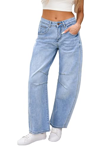 Women's Barrel Jeans Wide Leg Vintage Mid Rise Y2k Baggy Boyfriend Denim Pants Light Blue Small