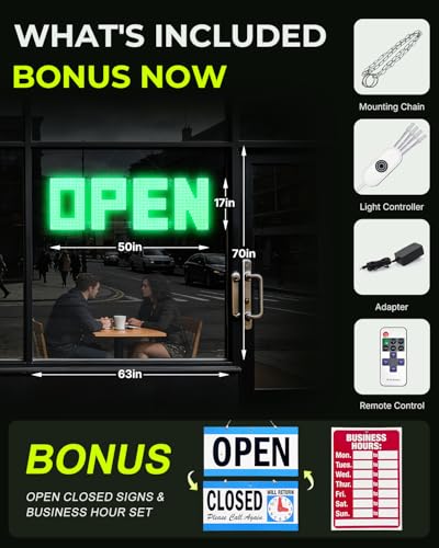 Image of 50 inchx17 inch Large LED Open Sign with Remote and Bluetooth App, Super Bright Open Signs for Business, Dimmable Big Open Sign for Storefront Window Bar Salon Cafes Retail Shops Green