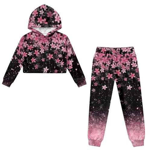 Girls Sweatshirt and Jogger Set 2 Piece Outfits Long Sleeve Hooded Crop Top Hoodies Sweatpants with Pockets