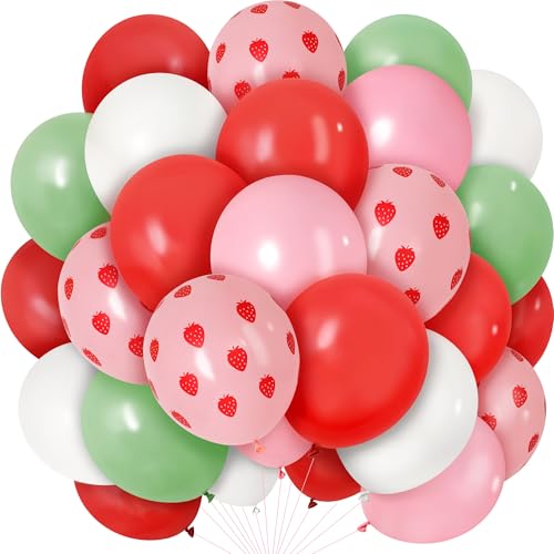Kriyokiaa Strawberry Print Latex Balloons, 60 Pcs Pink Red White Green