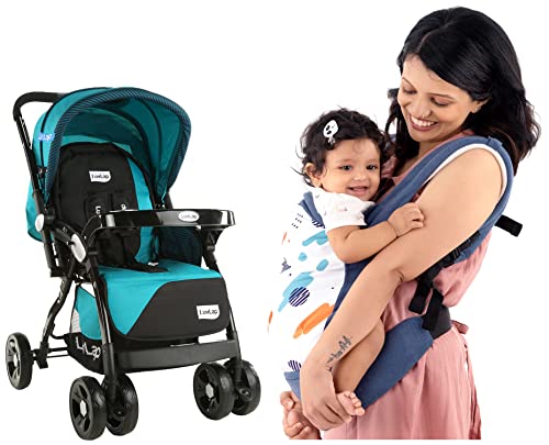 LuvLap Galaxy Stroller/Pram (Green/Black) & Adore Baby Carrier with 3 Carry Positions, for 6 to 24 Months Baby, Max Weight Up to 18 Kgs (Blue)