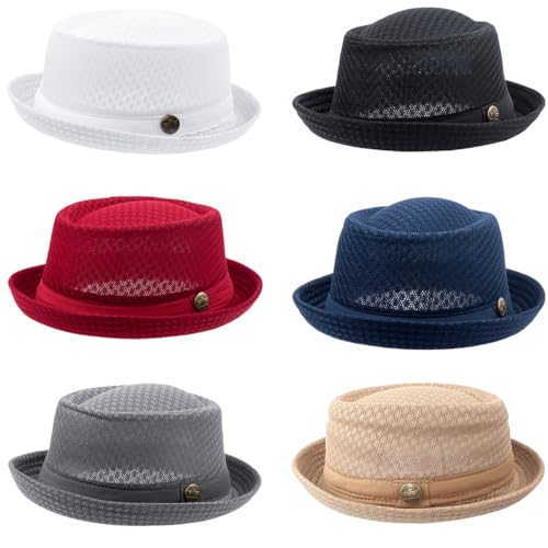 Image of 2 /6 pcs Mesh Pork Pie Straw Hat Summer 1920S Costume Party Cap Fedora Dad Bowler Flat Top Men