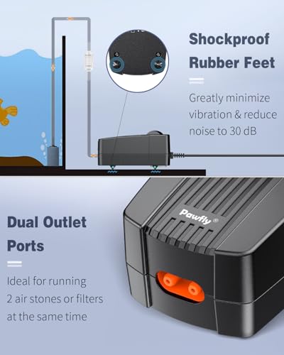 Image of Pawfly Aquarium Air Pump Oxygen Pump for 10-200 Gallon Fish Tanks Buckets Dual Outlet Adjustable Ultra Quiet Aerator Pump with Accessories