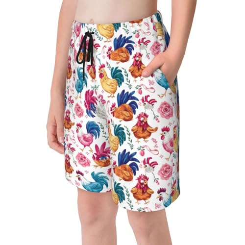 Pink Rooster Chicken and Flowers Teen Boys Swim Trunks Quick Dry Shorts Summer Beach Shorts for Big Boys3