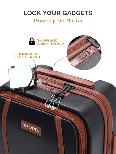 Image of FUR JADEN The Wayfarer 55cm Cabin TechPro Polycarbonate Suitcase I USB-C Charging Port I Laptop Compartment I 8 Silent Shock Absorbing Wheel I TSA Lock I Aviation Grade Trolley (Stark Black, TechPro)