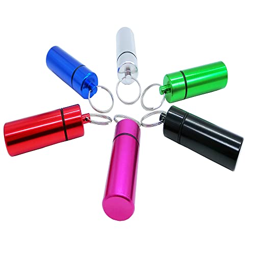 Artkingdome Set of 6 Metal Pill Box Cartridge Aluminum Alloy Cans Waterproof Sealing Earplugs Outdoor Medicine Organizer Ring Small First Aid Drug Holder Pill Container Bottle Clolorful Keychain