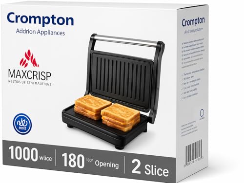 Image of Crompton ACGT-MAXCRISP2S 1000W Grill Sandwich Maker | 2 Slice Capacity | Non-Stick Grill Plates | LED Indicator | Removable Drip Tray | Non-Skid Feet | Silver (2 Slice)