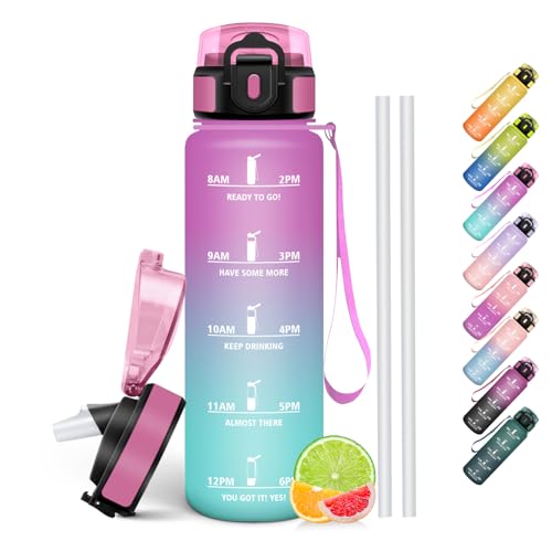HoneyHolly Botella Agua 1 Litro, Libre de BPA & Prueba de Fugas, Botella de Agua, con Pajita, Water Bottle, con Marcador de Tiempo, Cantimplora para Sport, Bicicleta, Gimnasio, Escuela